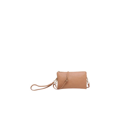 Jen & Co Riley crossbody and wristlet bag in camel leather, stylish accessories with a sleek design.