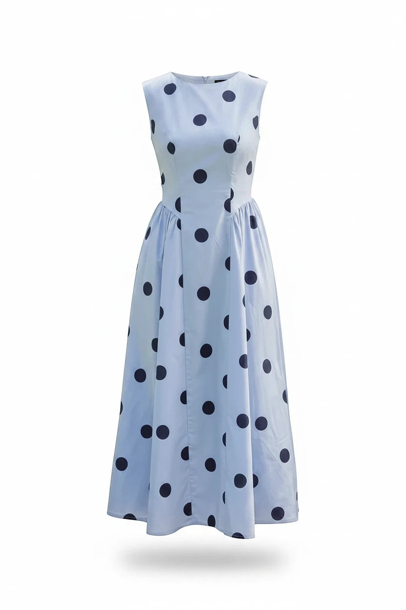 Klesis sleeveless polka dot midi dress in blue cotton, featuring a fitted waist and flowing skirt, perfect for summer wear.
