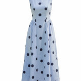 Klesis sleeveless polka dot midi dress in blue cotton, featuring a fitted waist and flowing skirt, perfect for summer wear.