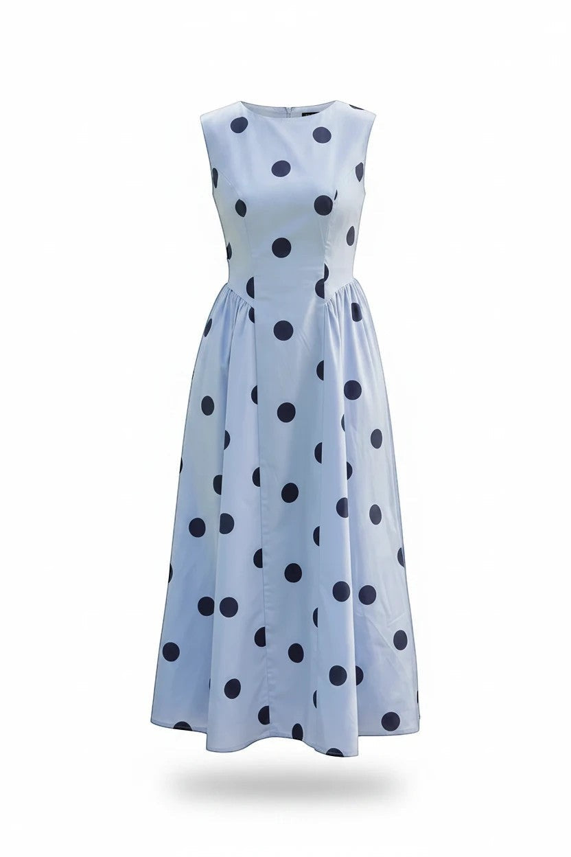 Navy blue sleeveless polka dot midi dress by Klesis, featuring a fitted waist and flowing skirt, perfect for summer occasions.