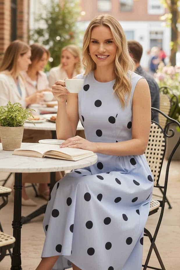 Light blue sleeveless polka dot midi dress by Klesis, made of cotton, shown on a model with a flowy fit and classic pattern.