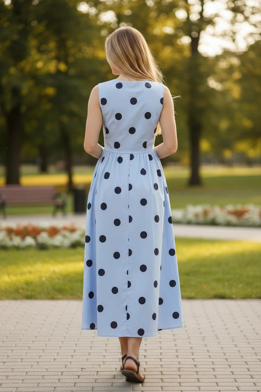 Blue sleeveless polka dot midi dress by Klesis featuring a fitted bodice and flowy skirt, made from lightweight cotton fabric.