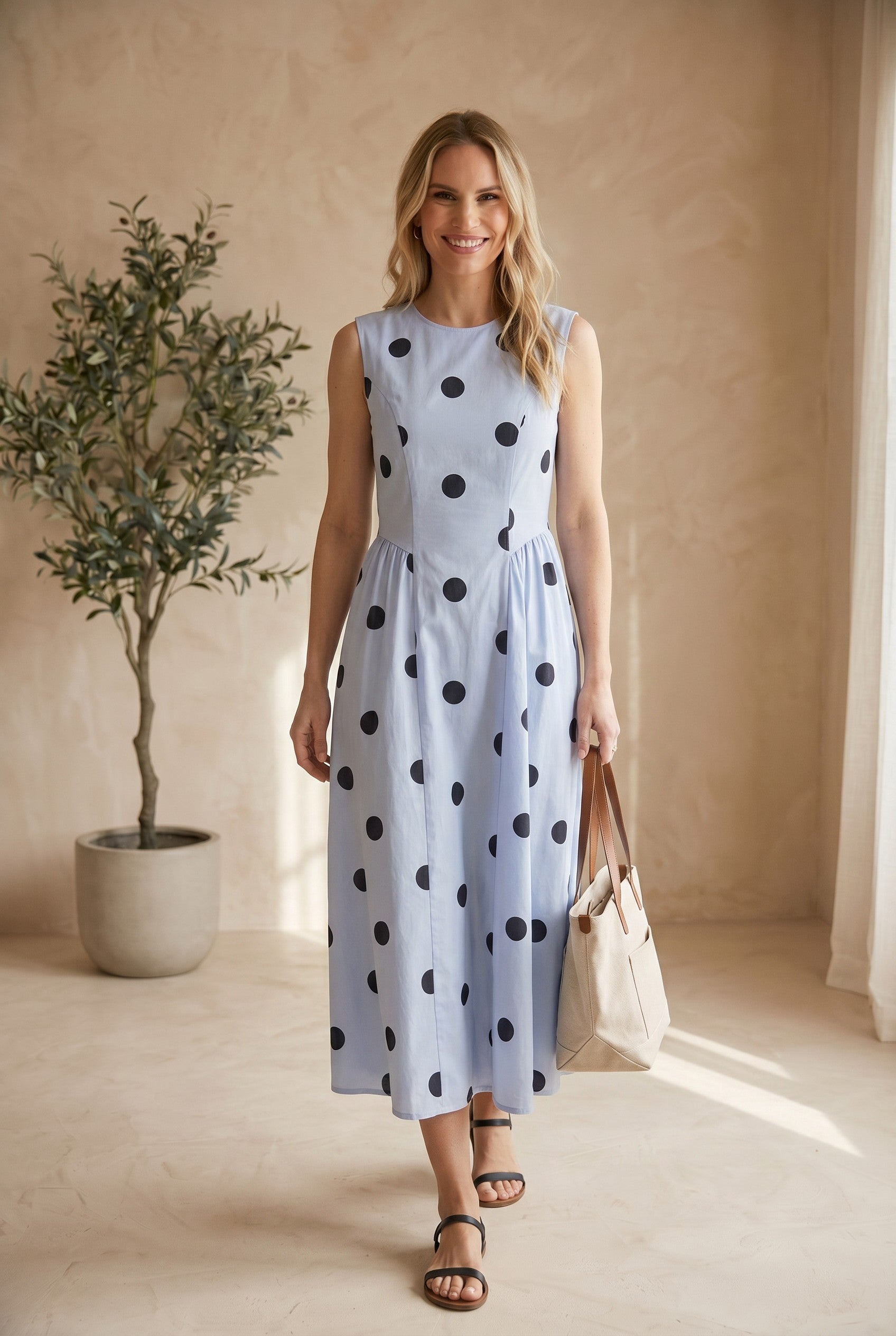 Klesis sleeveless polka dot midi dress on virtual model, showing classic pattern and elegant silhouette.