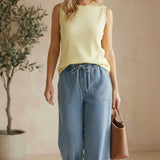 Be Cool knit denim wide-leg pants, stylish bottoms with a relaxed fit and textured fabric, shown on a model.
