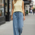 Be Cool knit denim wide-leg pants, stylish casual bottoms with a relaxed fit and wide-leg silhouette, shown in the product image.