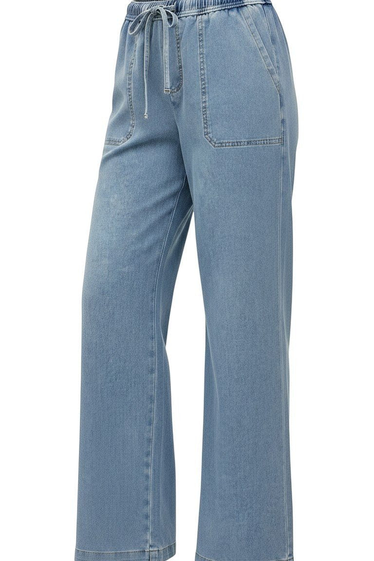 Be Cool knit denim wide-leg pants, stylish bottoms with a relaxed fit, featuring a textured knit fabric and wide-leg silhouette.
