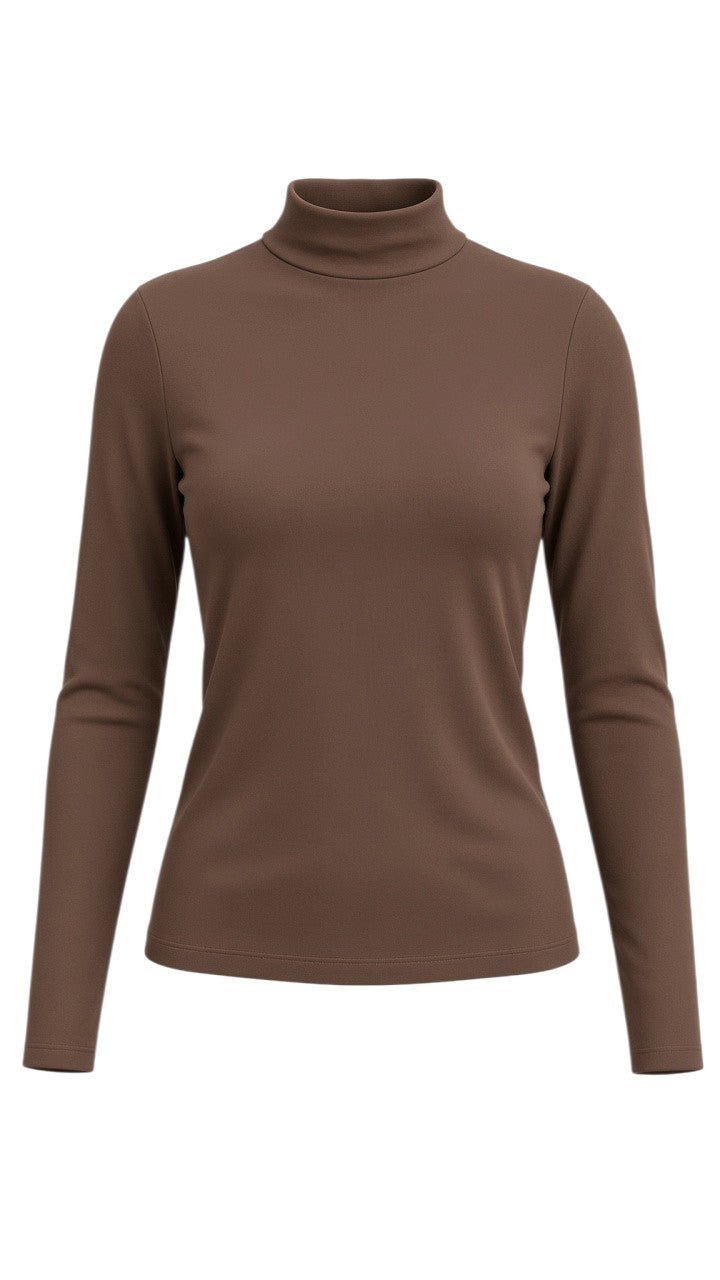 graced mocha brown long sleeve mock neck knit top with a fitted silhouette and soft texture