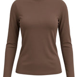 graced mocha brown long sleeve mock neck knit top with a fitted silhouette and soft texture