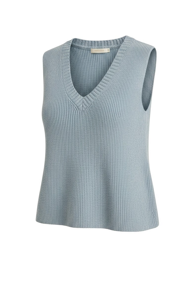 Be Cool knit V-neck tank top in denim fabric, featuring a stylish sleeveless design and comfortable fit.