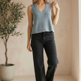 Be Cool Knit V-neck tank top in denim fabric, featuring a stylish and comfortable sleeveless design for casual wear.