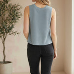 Be Cool knit V-neck tank top in denim fabric, featuring a stylish V neckline and sleeveless design for casual wear.