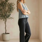 Be Cool knit V-neck tank top in denim blue, featuring a stylish V-neck design and sleeveless style for casual wear.