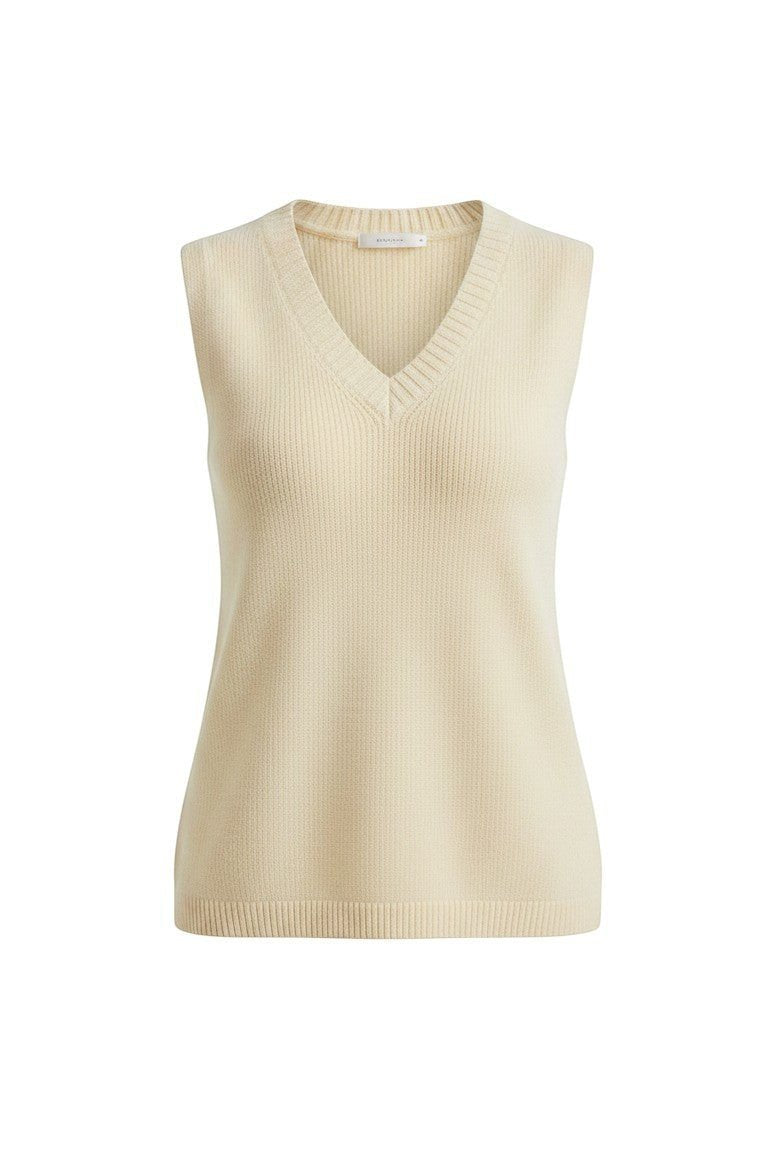 Be Cool Knit V-neck tank top in natural color, close-up of soft, lightweight knit fabric and V-neck design.