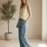 Be Cool Knit V-neck tank top in natural color, close-up view showing soft knit fabric and V-shaped neckline.