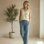 Be Cool knit V-neck tank top in natural color, close-up of soft, textured fabric and stylish V-neck design.