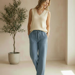 Be Cool natural knit V-neck tank top, lightweight and comfortable, close-up of the soft fabric and V-neck design.