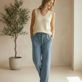 Be Cool natural knit V-neck tank top, lightweight and comfortable, close-up of the soft fabric and V-neck design.