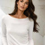 Lace Trimmed Boat Neck Top White