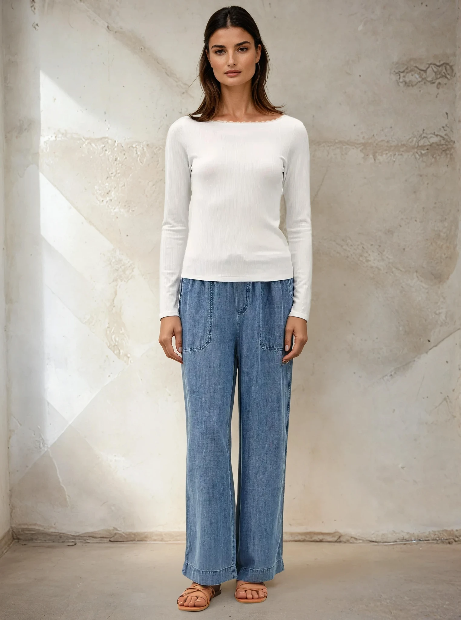 Lace Trimmed Boat Neck Top White