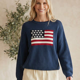 Navy oversized knit sweater with round neck and flag design from Le Lis, casual top for comfortable style.