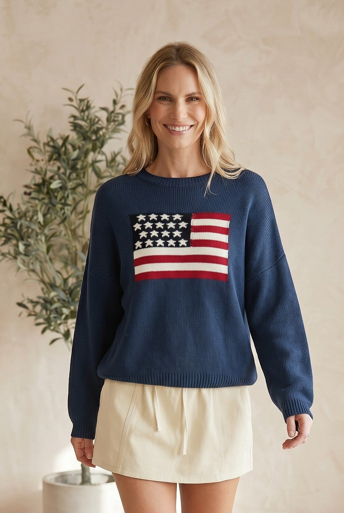 Navy oversized knit sweater with round neck and flag design from Le Lis, casual top for comfortable style.