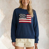Navy knit oversized sweater with round neck and flag design from Le Lis, casual tops for cozy winter wear.