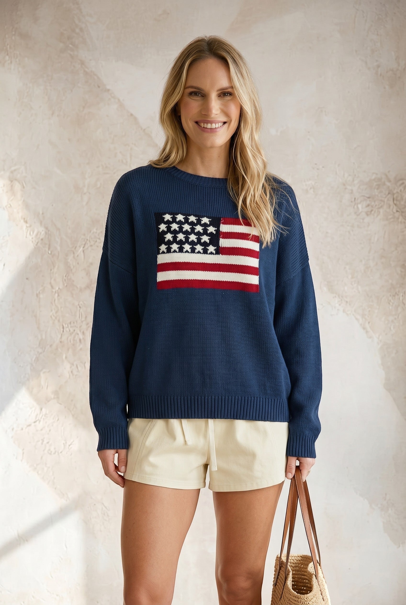 Navy knit oversized sweater with round neck and flag design from Le Lis, casual tops for cozy winter wear.