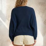 Navy round neck oversized knit sweater from Le Lis featuring a bold flag pattern, casual and comfortable top for everyday wear.