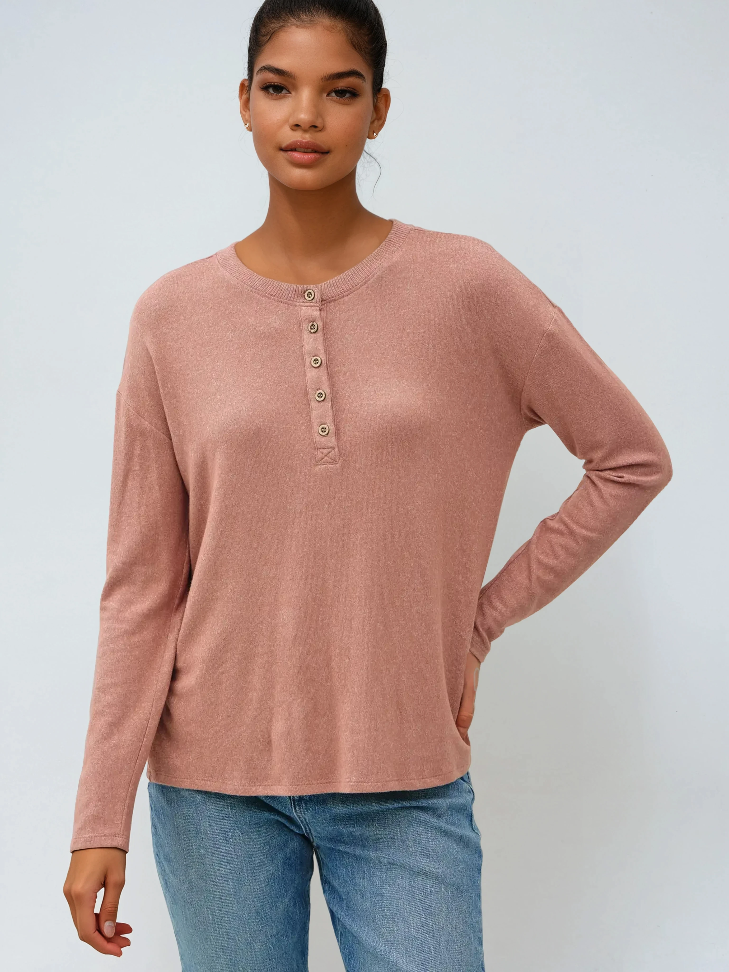 Hacci Long Sleeve Henley Top Marsala