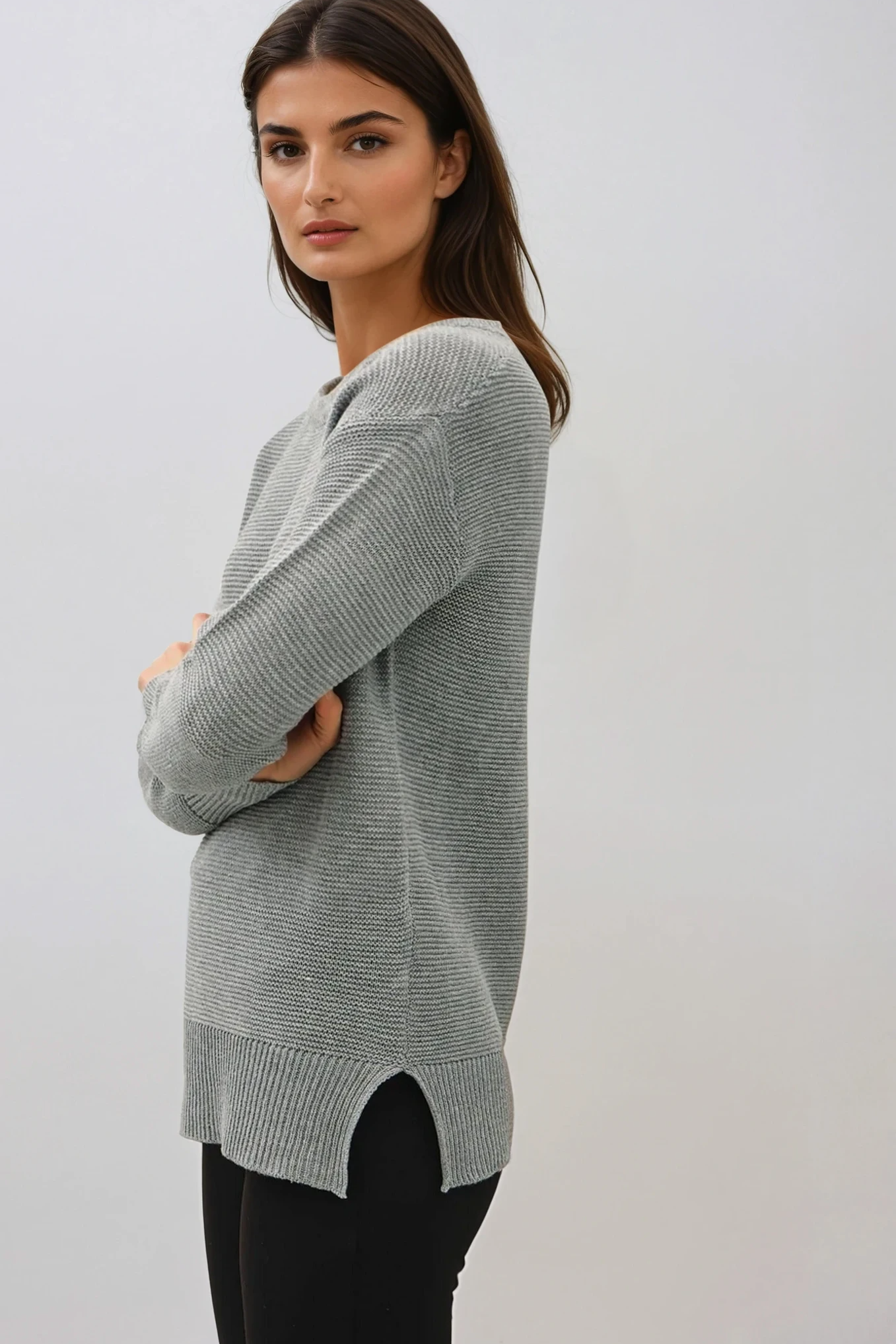 Round Neck Boyfriend Sweater Medium Grey