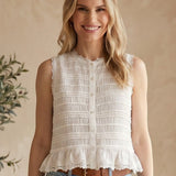 White shirred button-down blouse from &Merci, featuring a relaxed fit, long sleeves, and a classic collar.