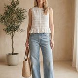 White shirred button-down blouse from &Merci, featuring a classic collar and long sleeves, styled on a model.