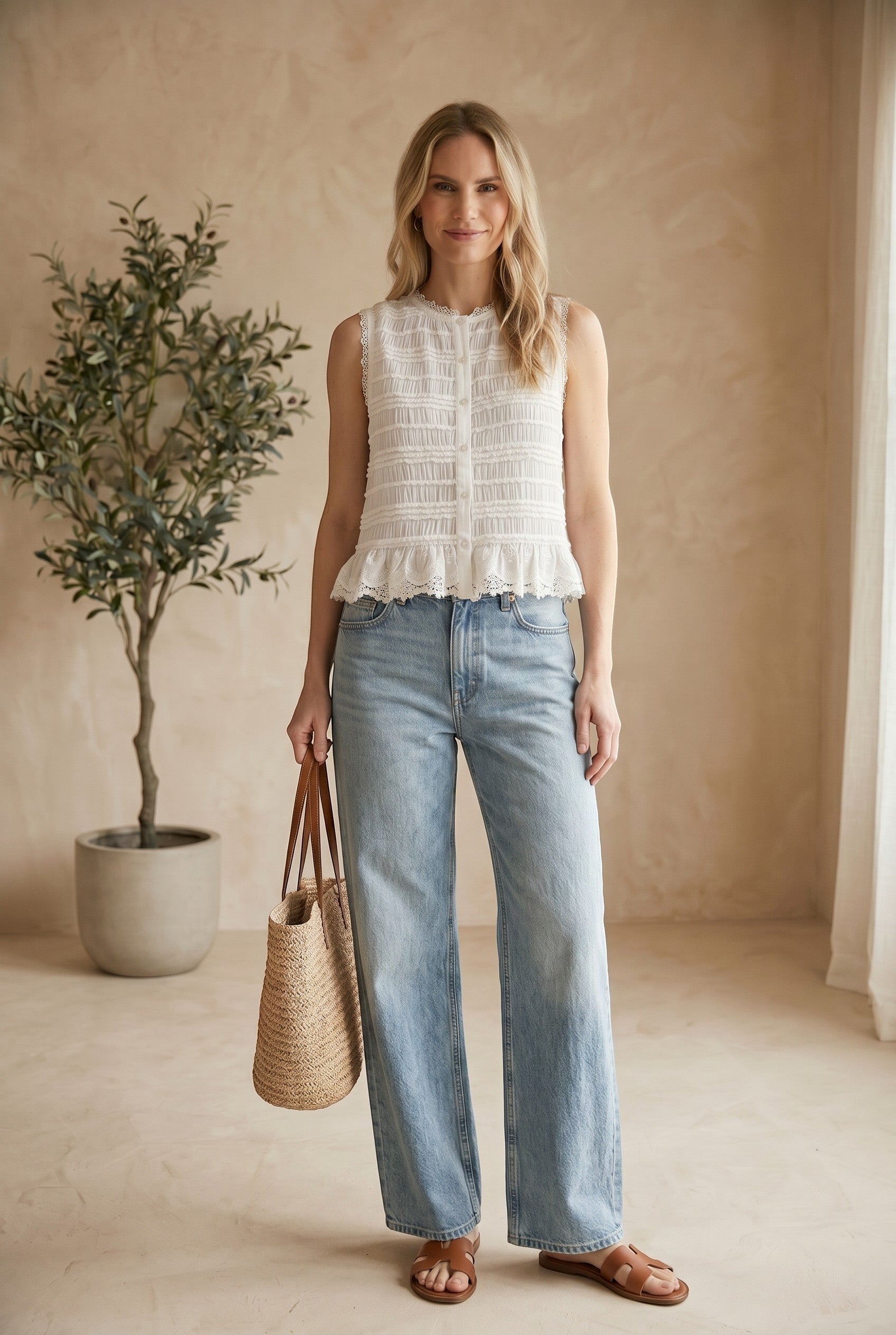 White shirred button-down blouse from &Merci, featuring a classic collar and long sleeves, styled on a model.