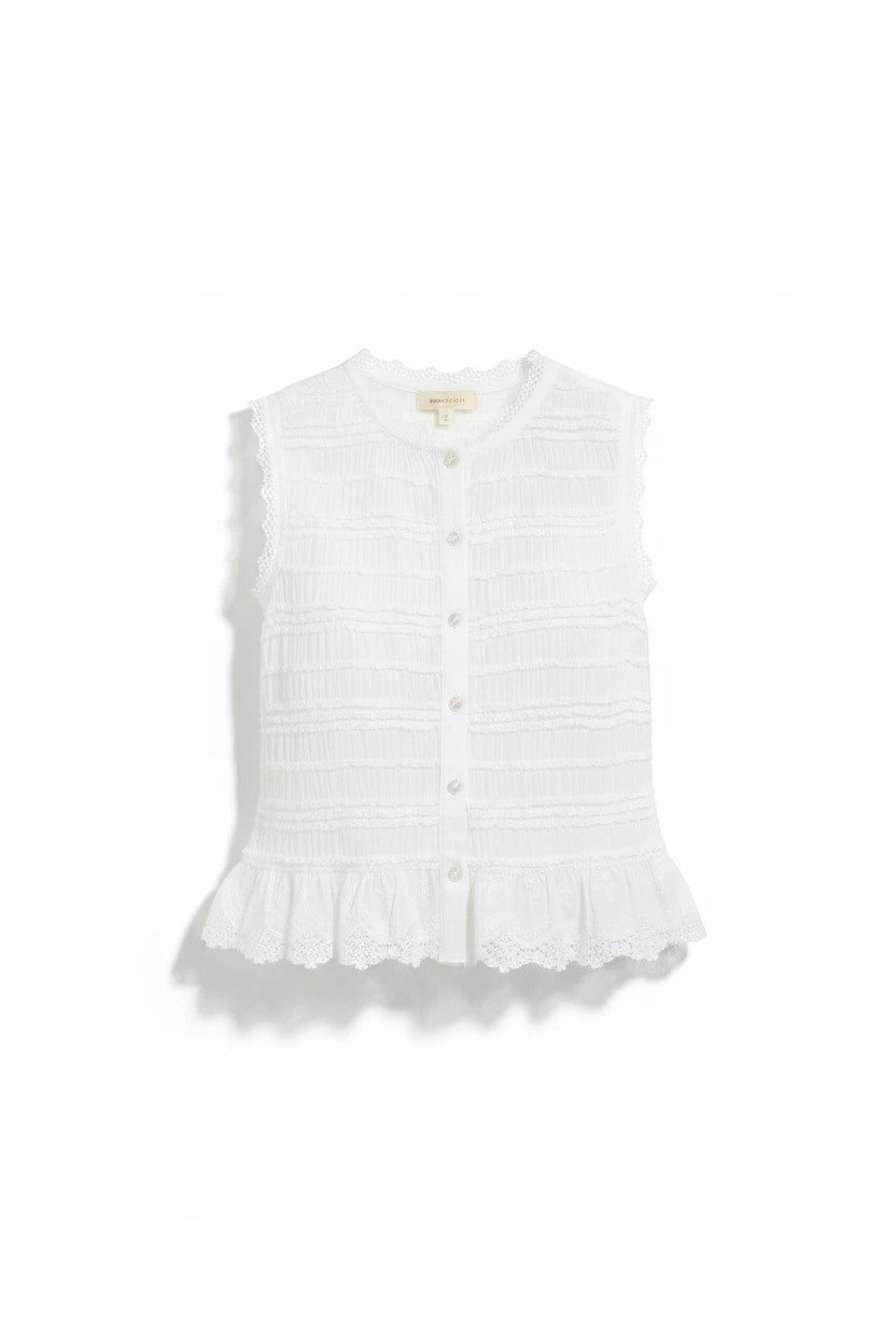 White shirred button-down blouse by &Merci, featuring a relaxed fit with a collared neckline and long sleeves.
