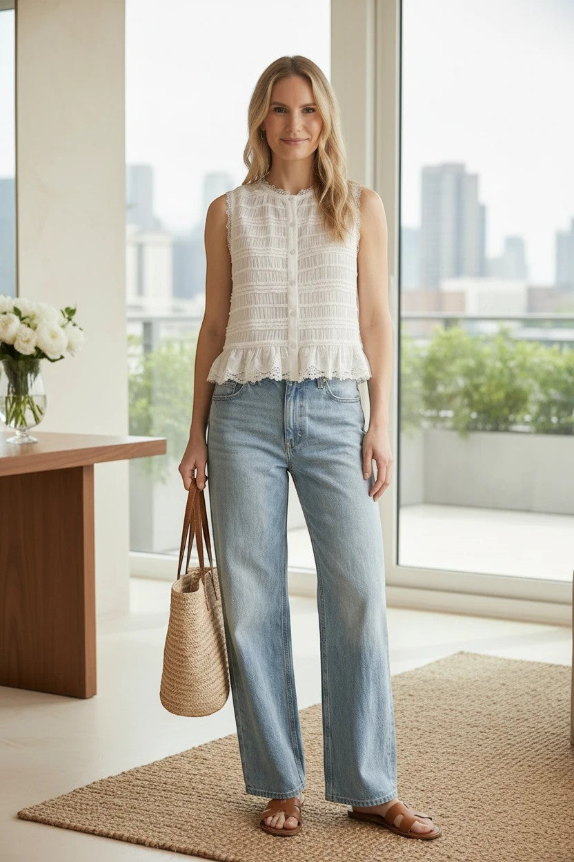 White &Merci shirred button-down blouse with long sleeves and a relaxed fit, styled on a model.
