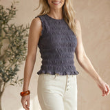 Grey cotton Ruffle Detail Top by Miou Muse featuring smocked design and feminine ruffle accents, ideal for casual wear.