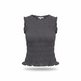Grey sleeveless Ruffle Detail Top by Miou Muse, featuring delicate ruffle accents and lightweight cotton fabric.