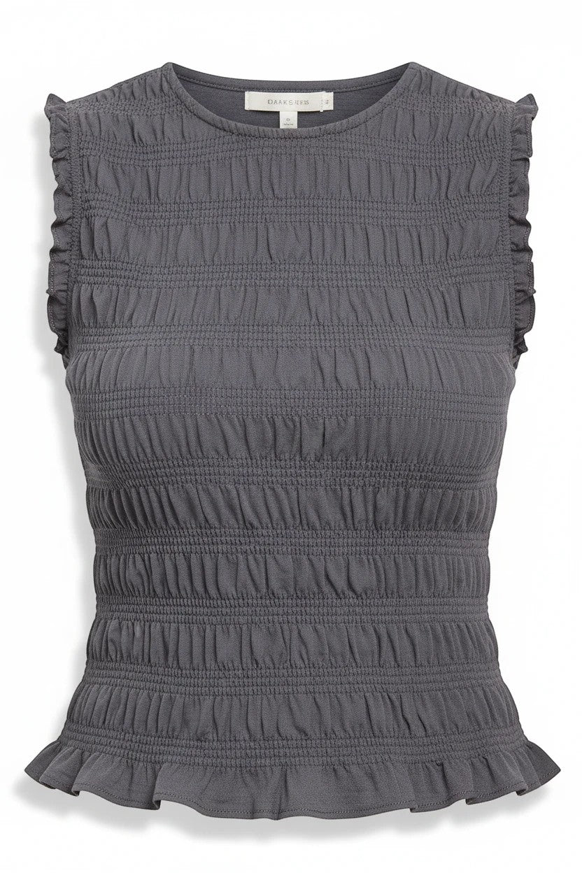 Gray cotton smocked tank top with ruffle trim from Miou Muse, showcasing a casual and feminine ruffle detail.