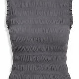 Gray cotton smocked tank top with ruffle trim from Miou Muse, showcasing a casual and feminine ruffle detail.