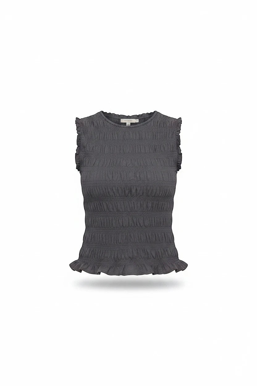 Grey ruffle detail tank top by Miou Muse, featuring smocked fabric and feminine ruffle accents, perfect for casual wear.