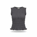 Grey ruffle detail tank top by Miou Muse, featuring smocked fabric and feminine ruffle accents, perfect for casual wear.