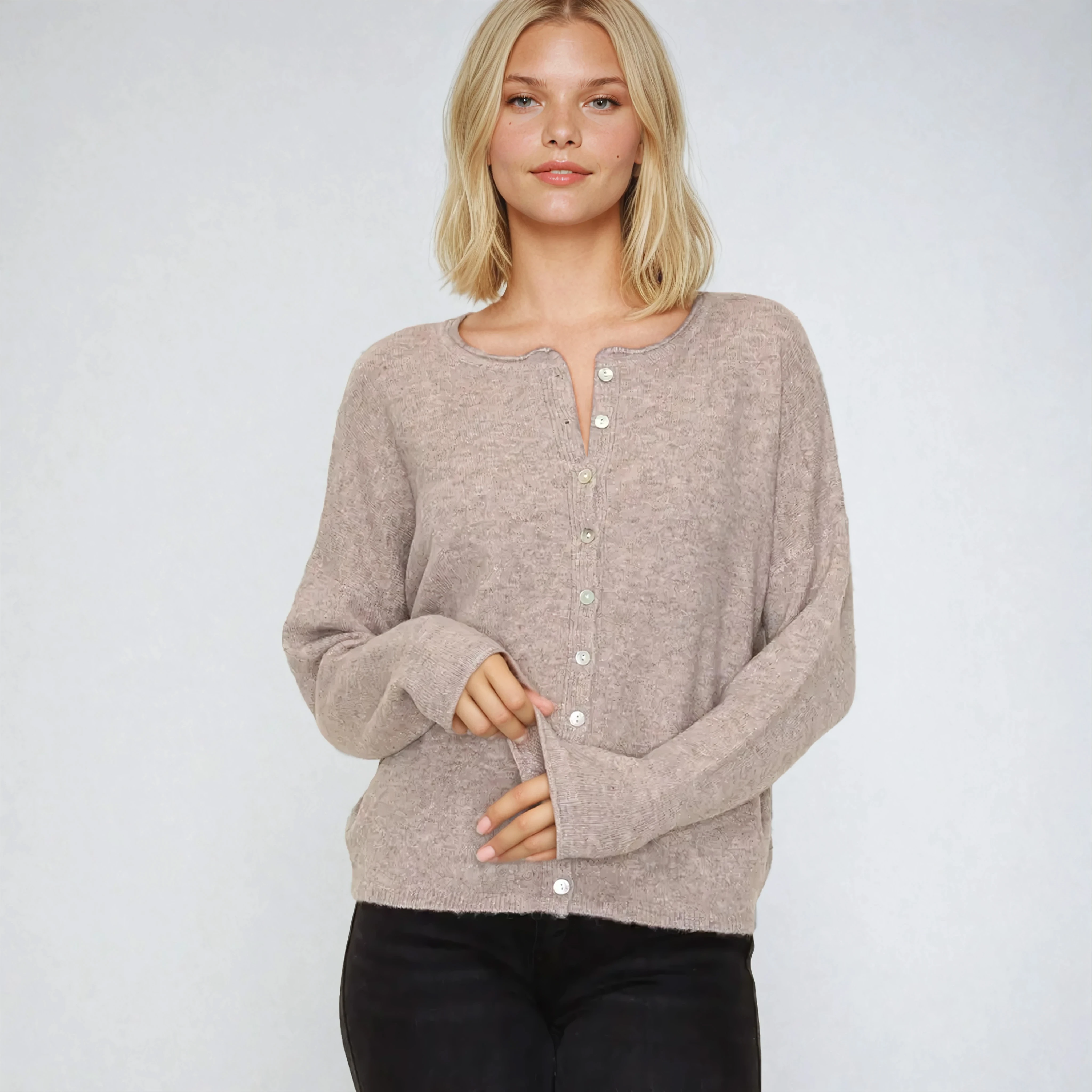 Crew Neck Button Down Cardigan Mocha