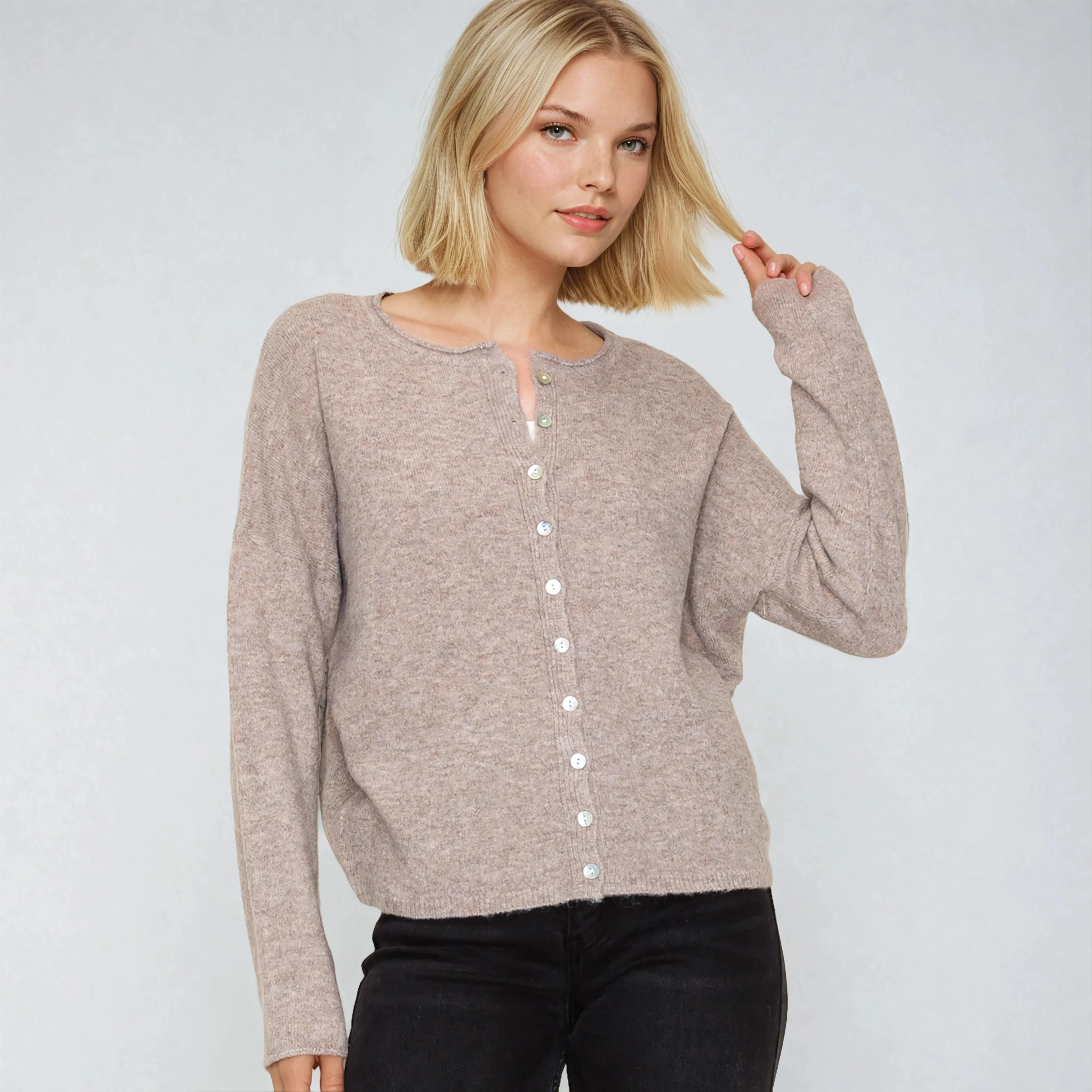 Crew Neck Button Down Cardigan Mocha