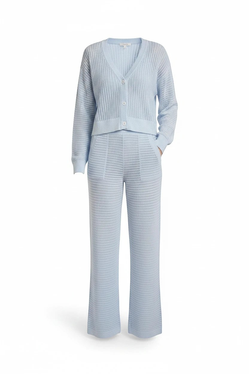 Small Mono B Coastal Crochet Knit Top in halogen blue, a stylish basic casual top with intricate crochet details.
