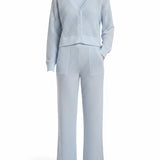 Small Mono B Coastal Crochet Knit Top in halogen blue, a stylish basic casual top with intricate crochet details.