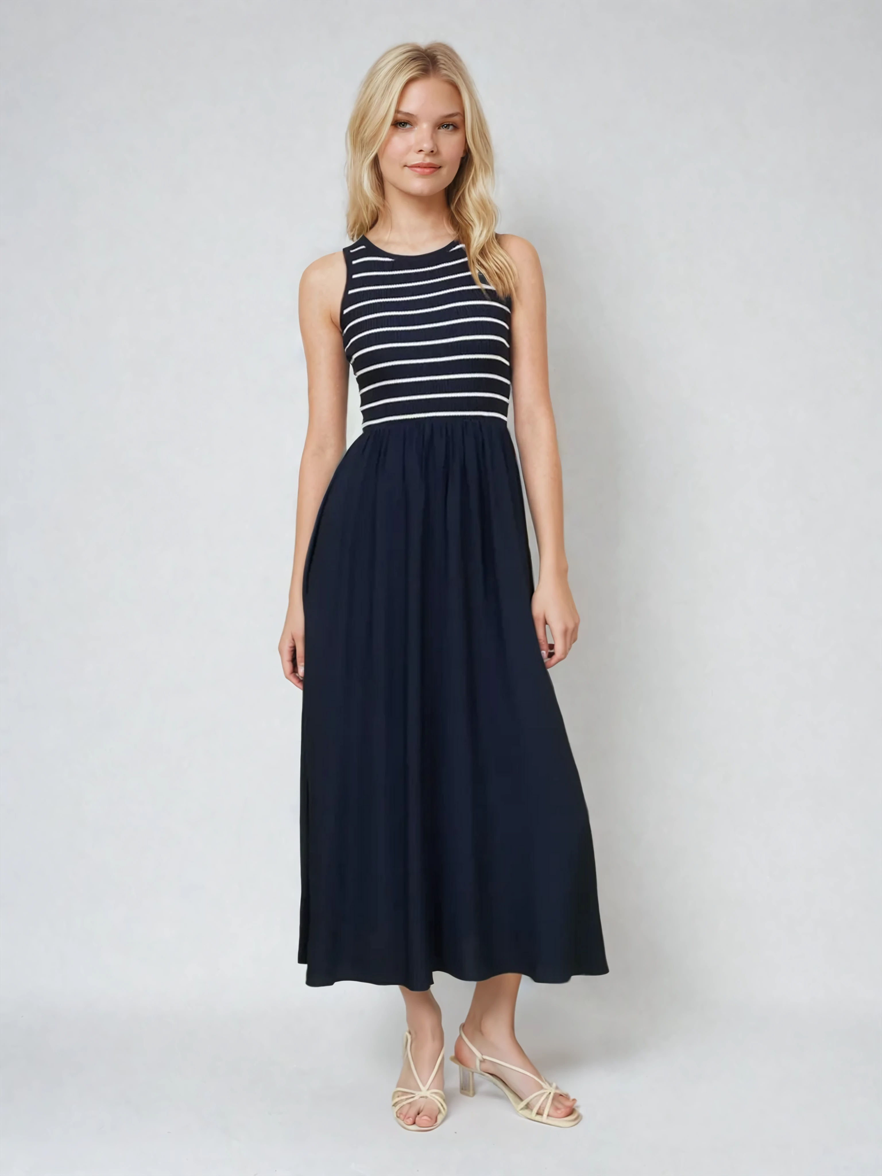 Stripe Tank Mixed Media Midi Dress Navy