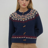Faire Isle Toggle Button Knit Cardigan Navy Multi
