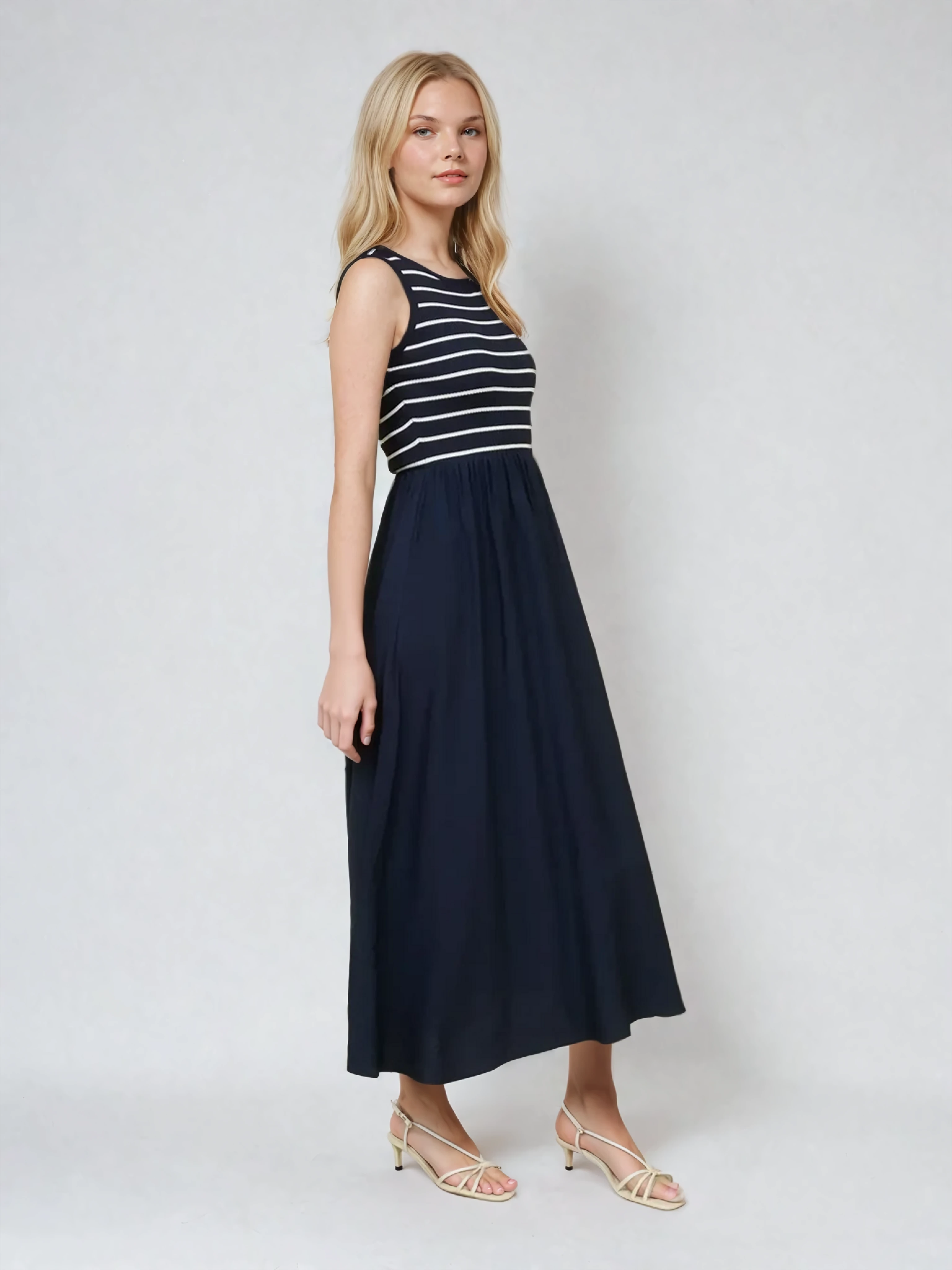 Stripe Tank Mixed Media Midi Dress Navy