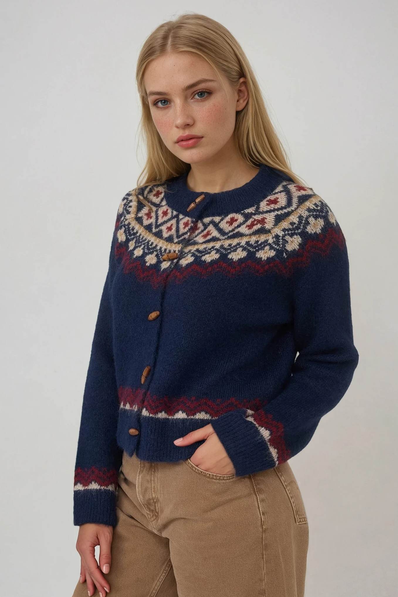 Faire Isle Toggle Button Knit Cardigan Navy Multi