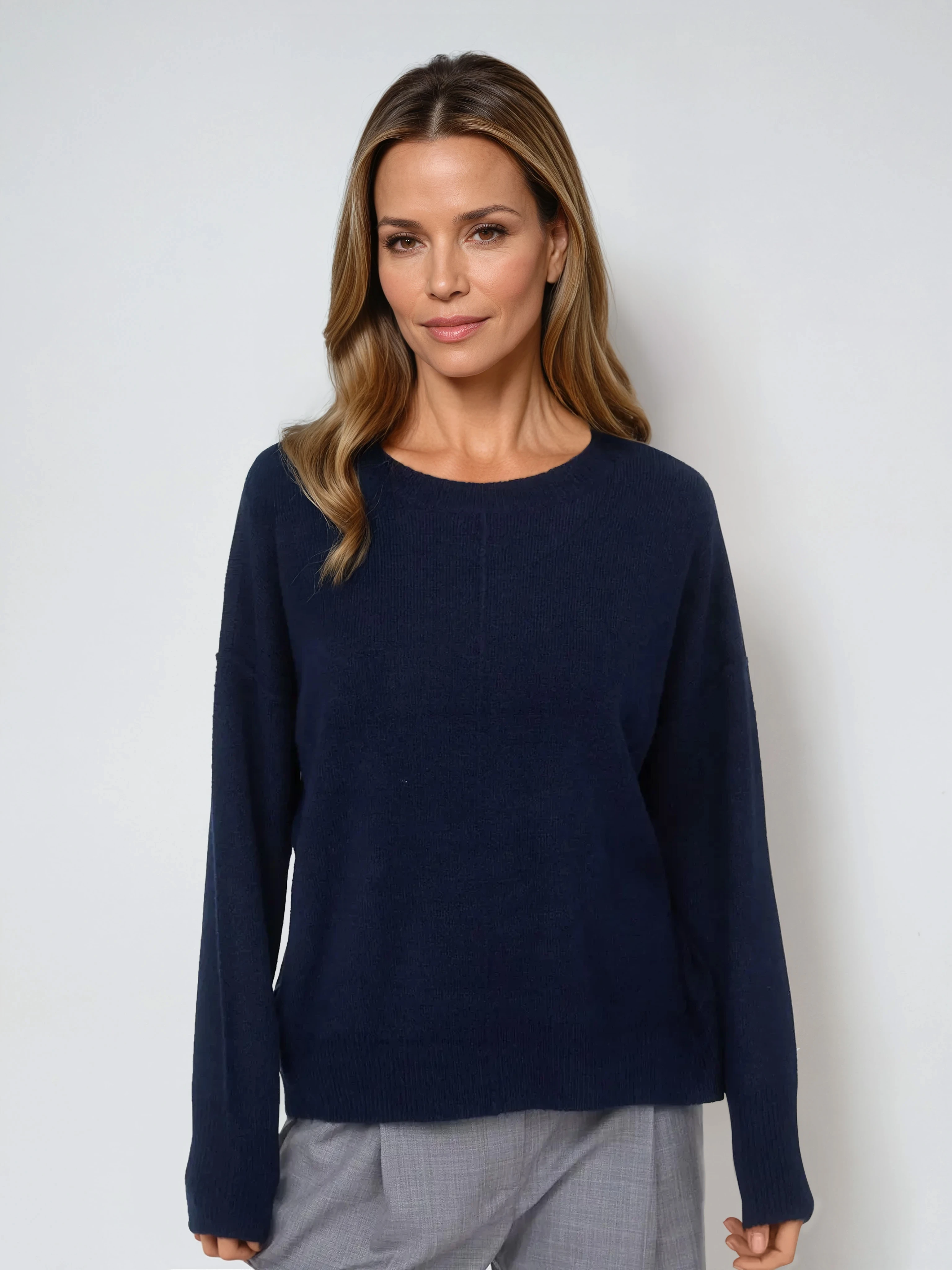 Solid Crewneck Front Seam Knit Sweater Navy